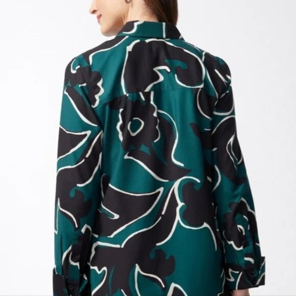 Chico's Classic Fit Scroll Print Green Black Shirt Size 4 - Picture 2 of 8